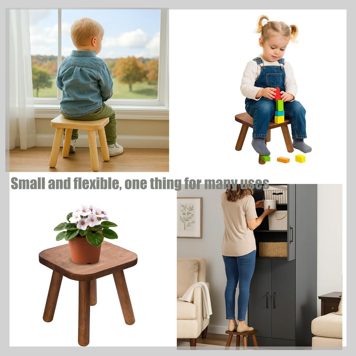 Wooden Step stools, Plant stools, Small Wooden stools with Four Detachable and Assembled Legs,offering Good Balance. (Wood Tone)