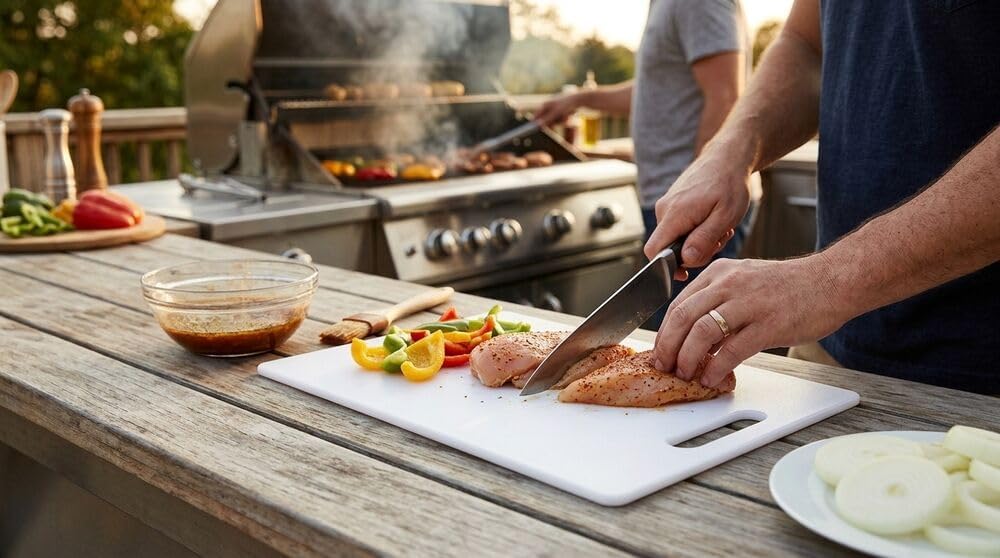 Farberware Large Cutting Board, Dishwasher- Safe Plastic Chopping Board for Kitchen with Easy Grip Handle, 11-inch by 14-inch, White