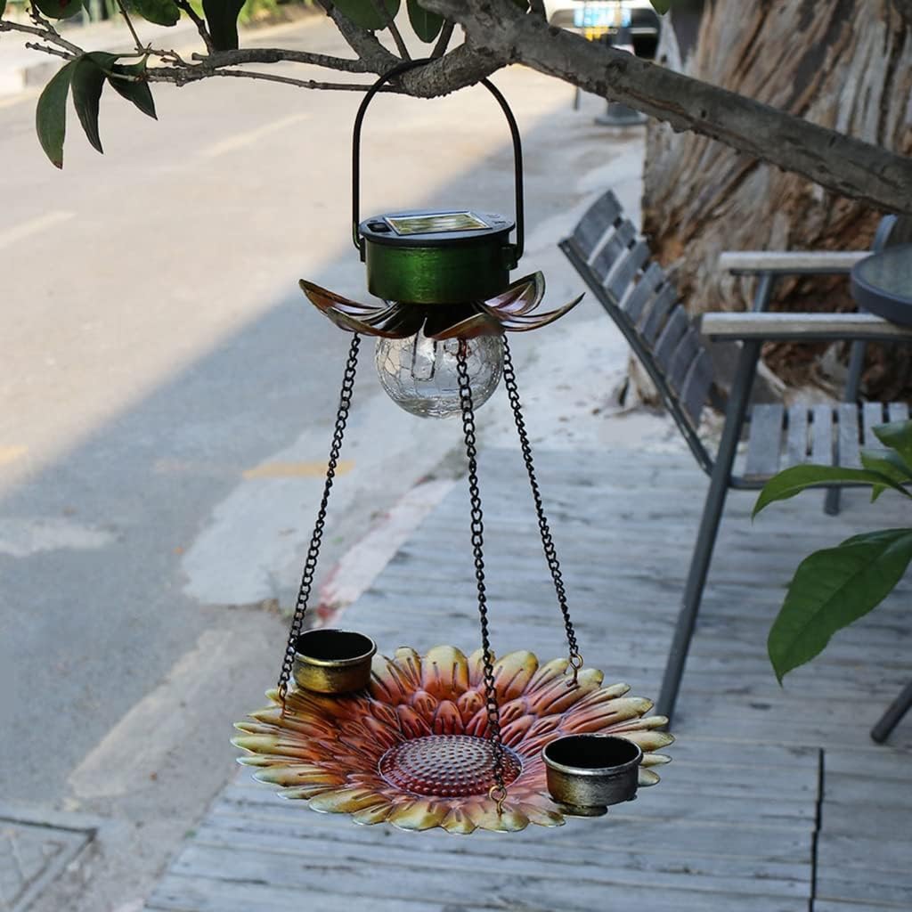 Bird Feeder Outdoor Hanging Bird Feeders Solar Flower LED Bird Feeder with Drinking Cup for Wild Bird Yard Decoration