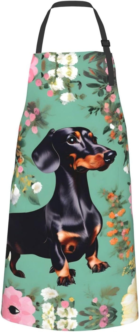 Dachshund Florals print Waterproof apron with pocket adjustable cooking apron for adult kitchen bibs to bake