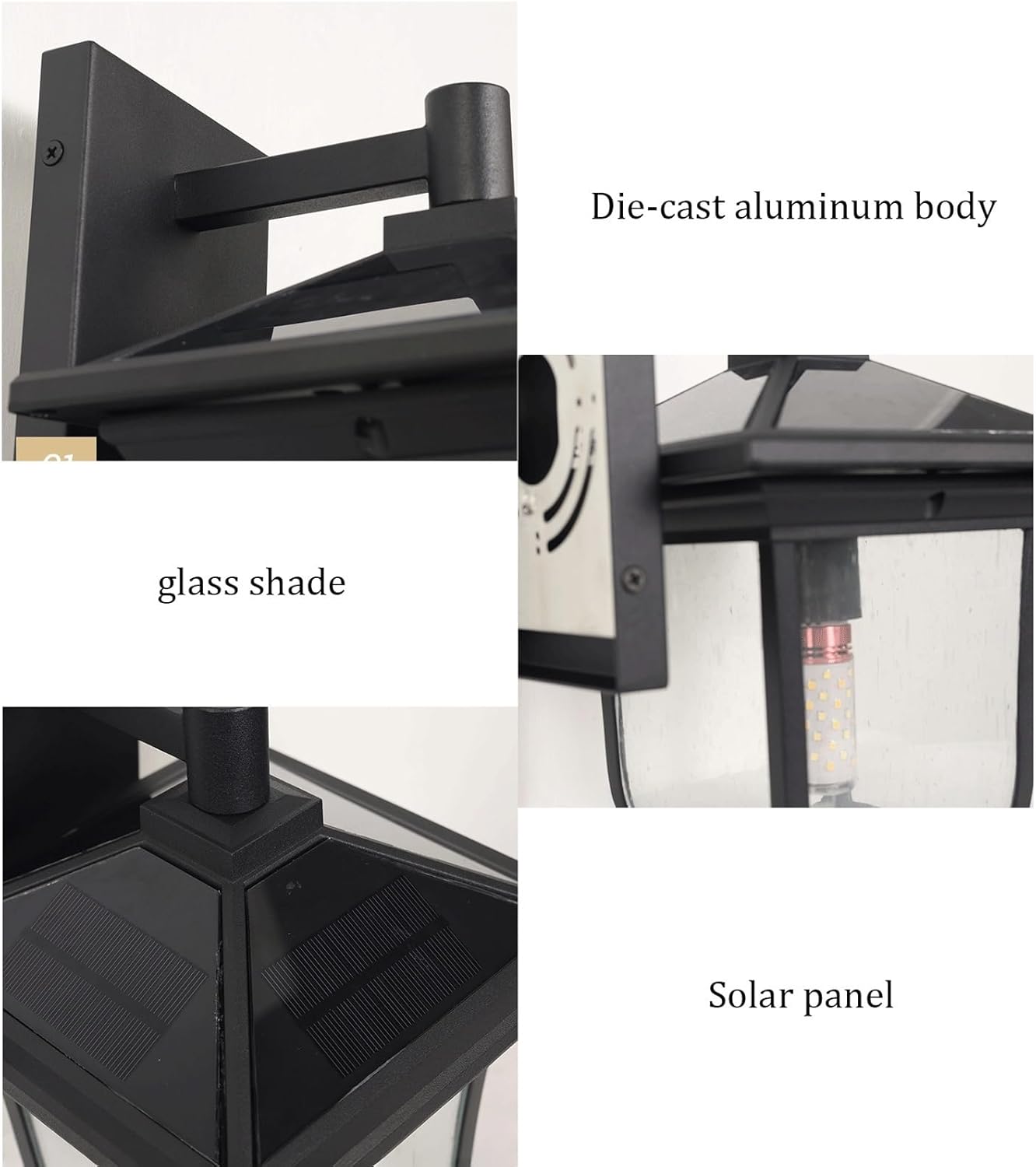 Solar Outdoor Wall Lantern, Black Dusk to Dawn Die-Cast Aluminum Sconce with Glass, Traditional Exterior Wall Mounted Lamp for Porch, Patio, Garden, Entryway, Weather Resistant Cottage