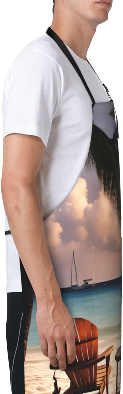 Beach Palm Tree Chairs Boats print Waterproof chef's apron with pocket apron for kitchen cooking baking barbecue and gardening