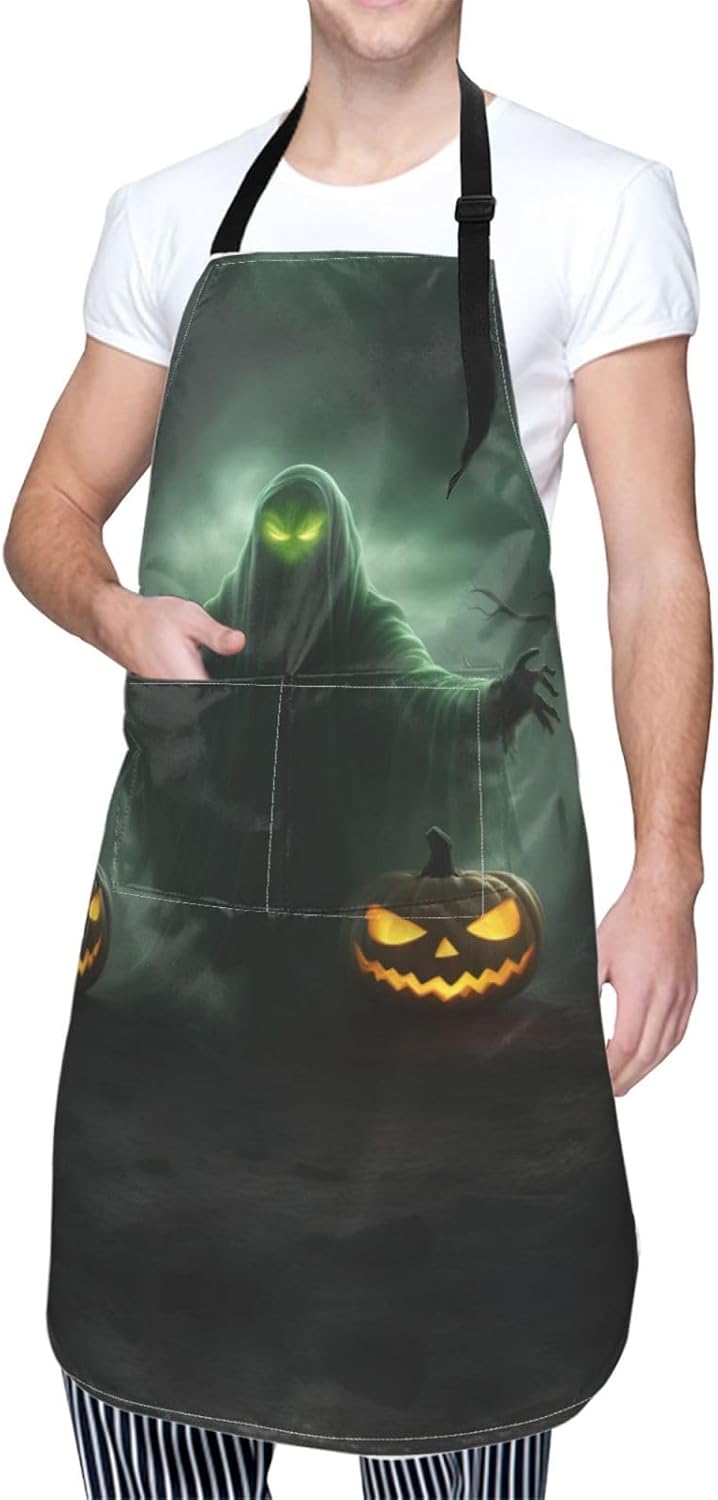 Green Ghost Horror Halloween Pumpkin print Waterproof chef's apron with pocket apron for kitchen cooking baking barbecue and gardening