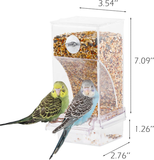 IBWell No Mess Automatic Bird Feeder for Cage - Parrot Feeder Inside Cage With Clear Perch and Acrylic Seed Food Container