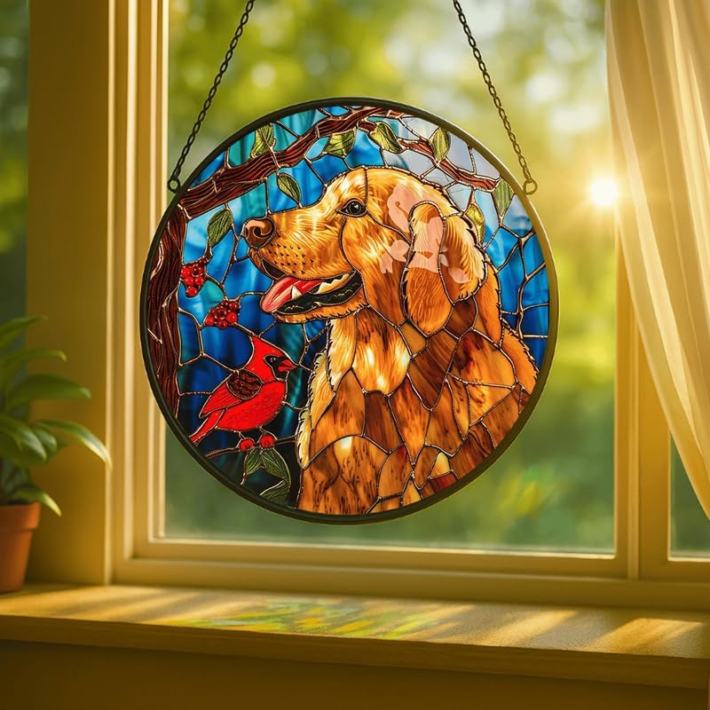 Stained Glass Window Hanging - Golden Retriever & Cardinal Bird 7.8in Sun Catchers Indoor Stained Glass Panels Wall Decor for Mom, Wife, Lovers, Festive