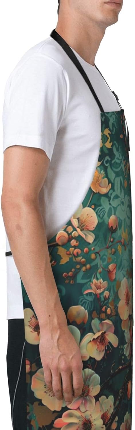 Flower and Bird Art print Waterproof apron with pocket adjustable cooking apron for adult kitchen bibs to bake