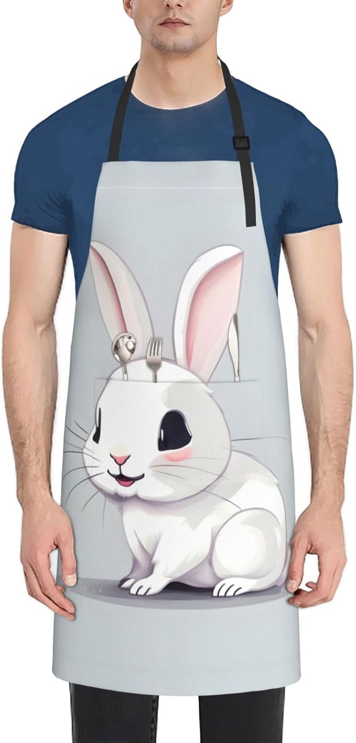 Cute White Rabbit Print Laundry apron 28x33 In Waterproof Kitchen Apron with Pockets for Cooking Baking