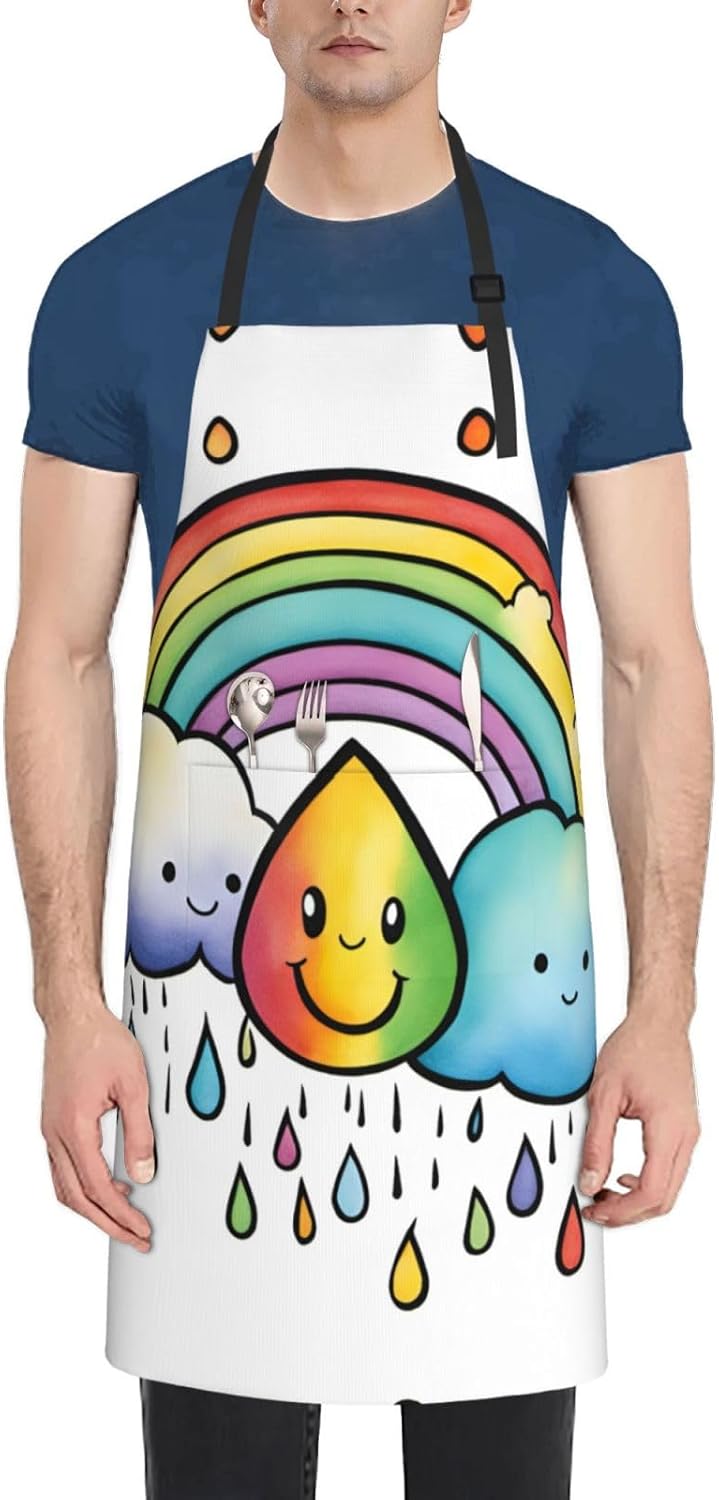 Rainbow Clouds Raindrop 1 print Waterproof chef's apron with pocket apron for kitchen cooking baking barbecue and gardening