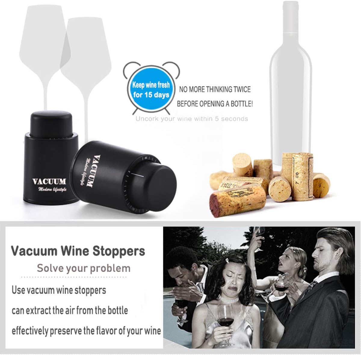 [2 PACK] Wine Bottle Stoppers,Real Vacuum Stoppers,Reusable Wine Prese