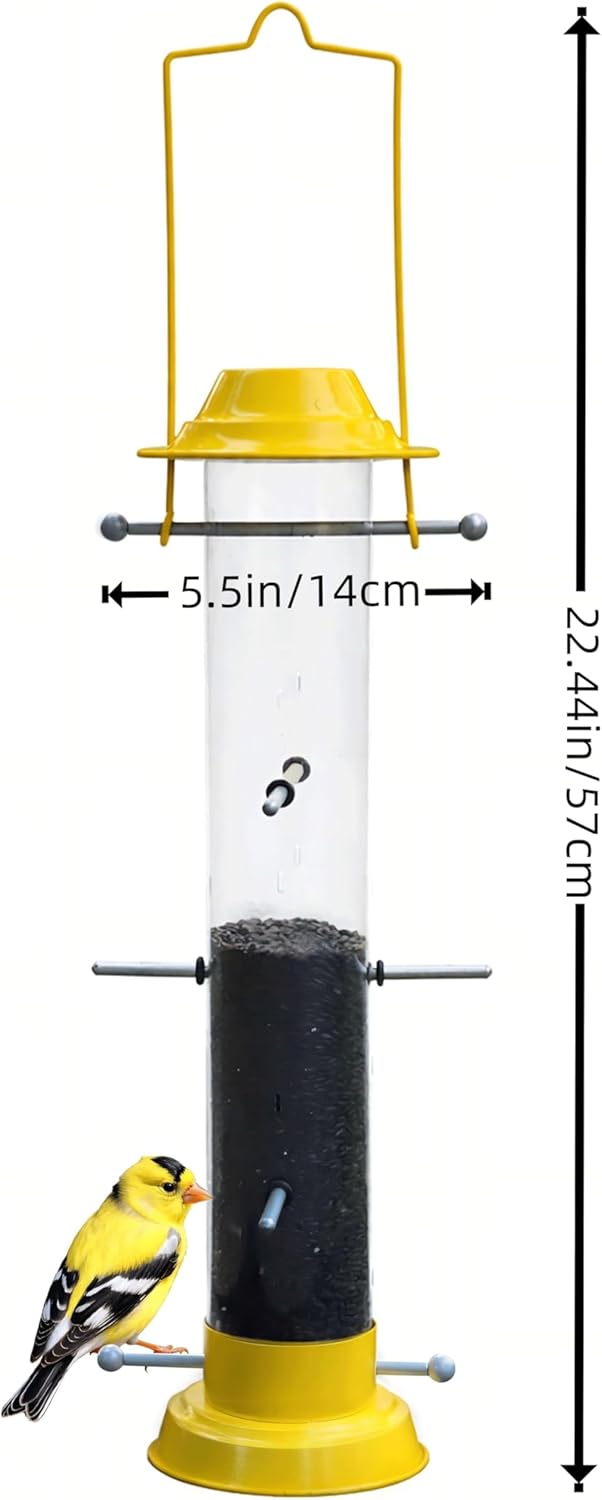 KiRuan Finch Feeders for Outside,Thistle Bird Feeders for Outdoors Hanging,22.44 Inch Tube Bird Feeder with 12 Ports and 10 Metal Perches,All Detachable Design,Easy to Refill & Clean,Yellow,1 Pack