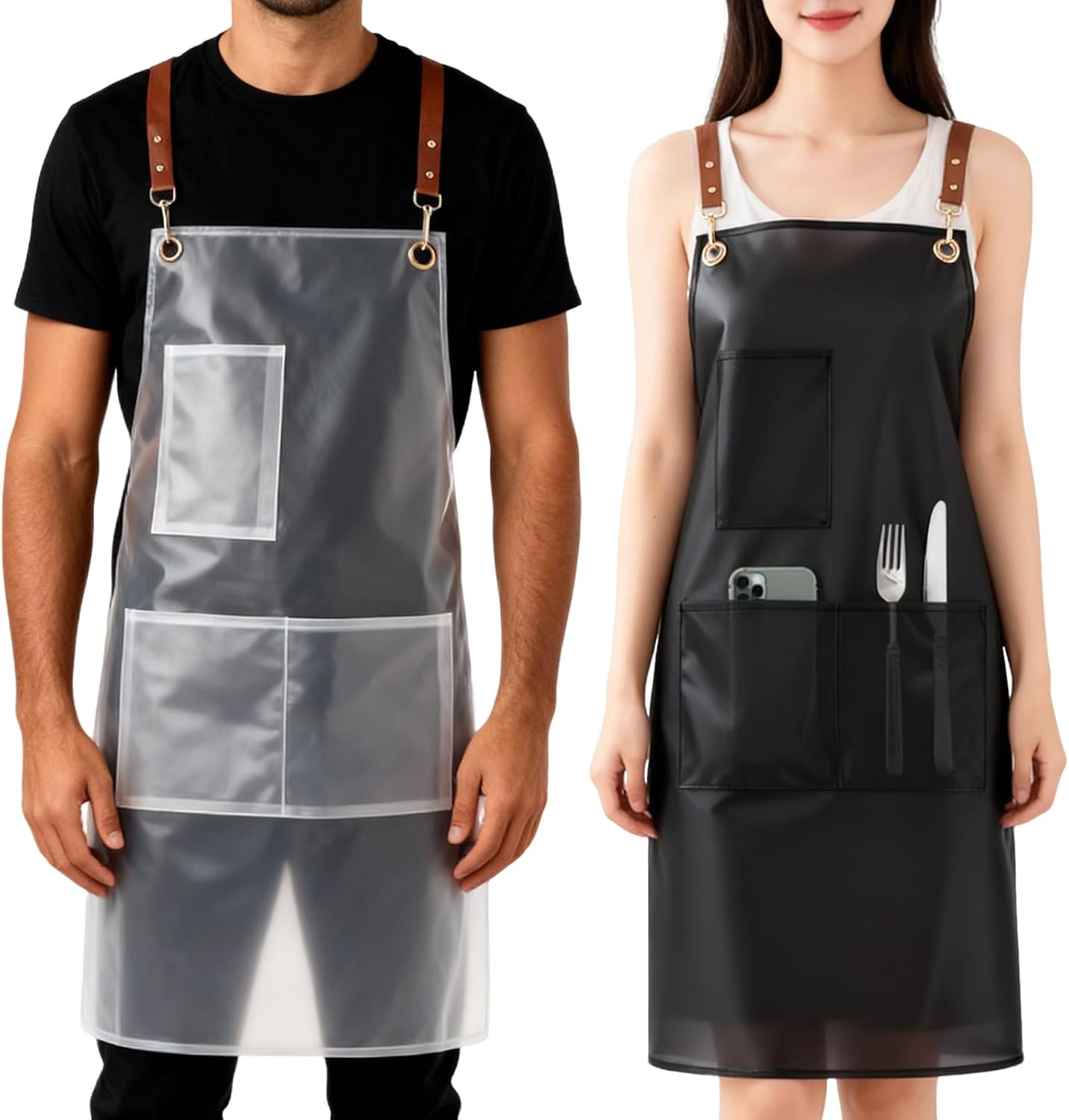 2 Pack Waterproof Translucent Apron with Large Pockets,Cross Back Apro