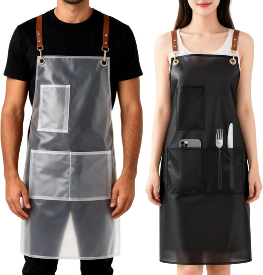 2 Pack Waterproof Translucent Apron with Large Pockets,Cross Back Apro