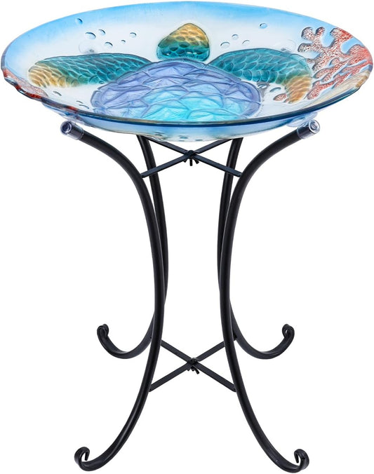 MUMTOP Bird Baths for Outdoors, Sea Turtle Glass Large Bird Bath Bowl with Metal Stand, Bird Feeders for Outside and Garden, Patio,Lawn Decor (Blue)