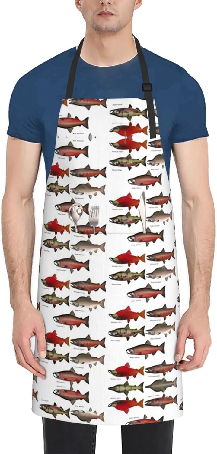 Salmon Print Laundry apron 28x33 In Waterproof Kitchen Apron with Pockets for Cooking Baking