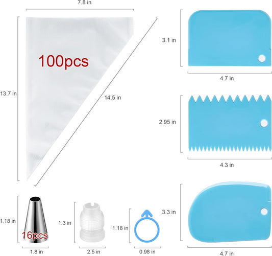 Piping Bags and Tips Set, Cakes Decorating Supplies Kit with 100pcs 12 Inch Pastry Bags, 16 Piping Tips, 3 Cake Scraper, 2 Couplers, 2 Bag Ties, Simple and Convenient Baking Supplies Set