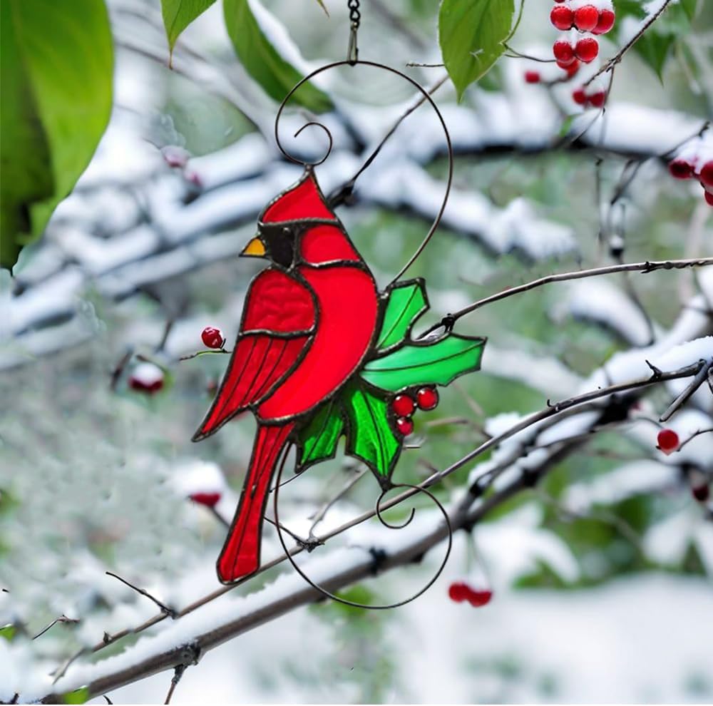 Red Cardinal Stained Glass Bird Suncatcher for Mom, Grandma, Women - R