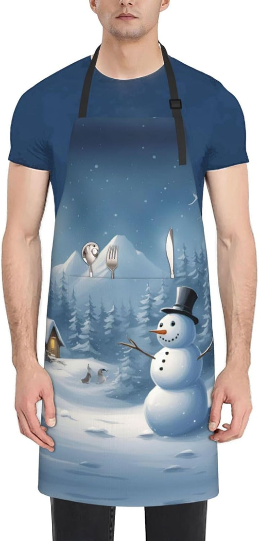 Winter Snowman print Waterproof apron with pocket adjustable cooking apron for adult kitchen bibs to bake