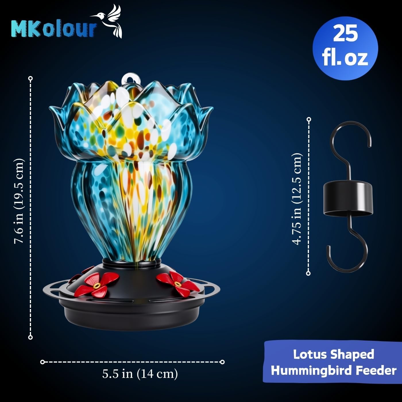Lotus Shaped Hummingbird Feeder for Outdoors, Hand Blown Glass Hummingbird Feeders for Outdoors Hanging with 4 Feeding Ports, Leak-Proof Bird Feeder- Garden Decor Gifts for Women(Blue)