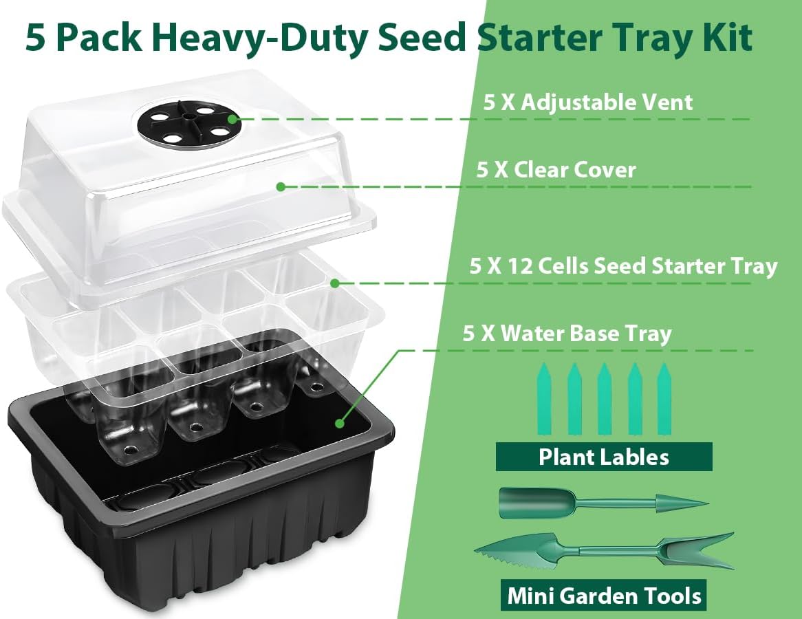 Sfee 5 Pack Seed Starter Tray Kit, 60 Cells Seedling Starter Trays wit