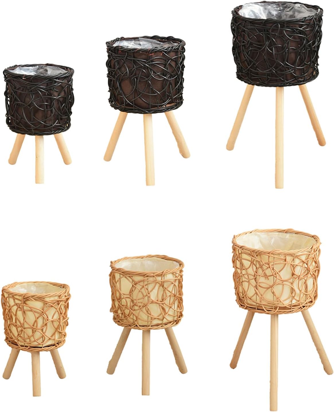 Rattan Plant Stand Stool with 3 Wood Legs Balcony Flower Pots Display Rack Planter Basket for Indoor and Outdoor Use(Original color mediu)