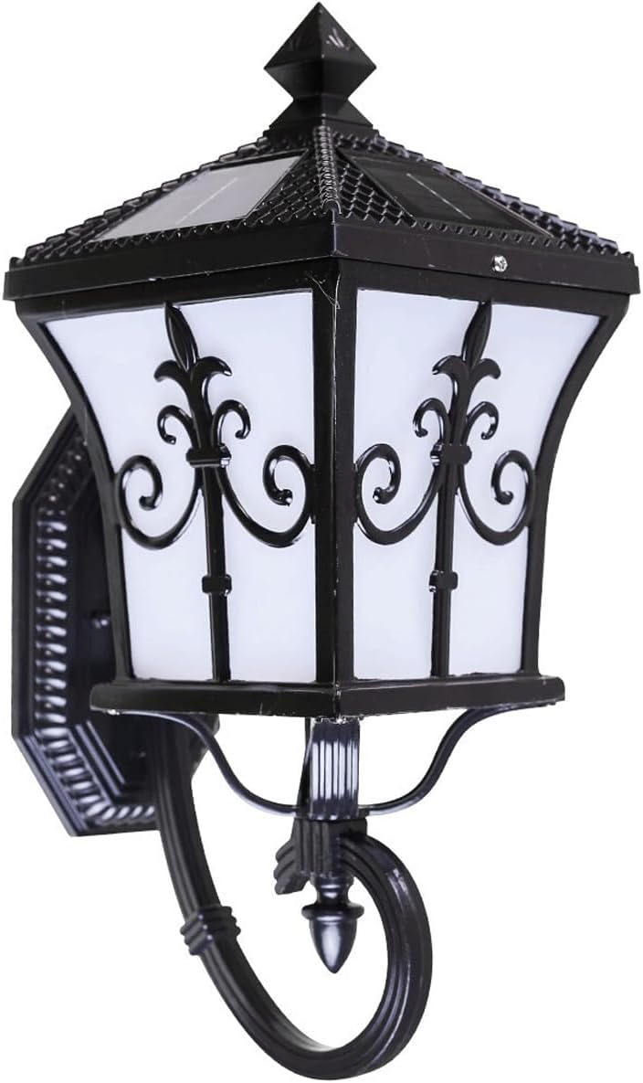 Solar Outdoor Wall Lantern, Black Die-cast Aluminum Exterior Wall Sconce Lamp with Acrylic Shade and Vintage Scrolls, LED/E27 Dual Sources for Garden, Porch, Patio, Villa, Yard, Pathways