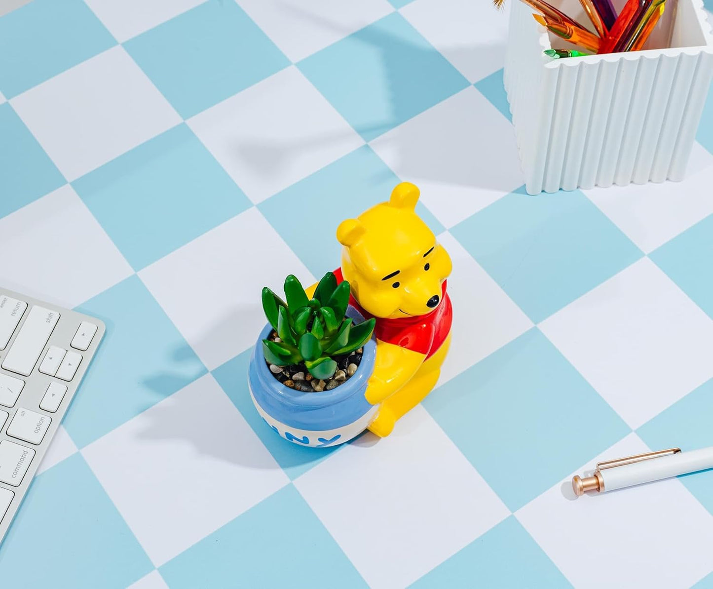 Silver Buffalo Disney Winnie The Pooh Hunny Pot 5-Inch Ceramic Mini Planter with Artificial Succulent | Cute Flower Pot, Faux Indoor Plants
