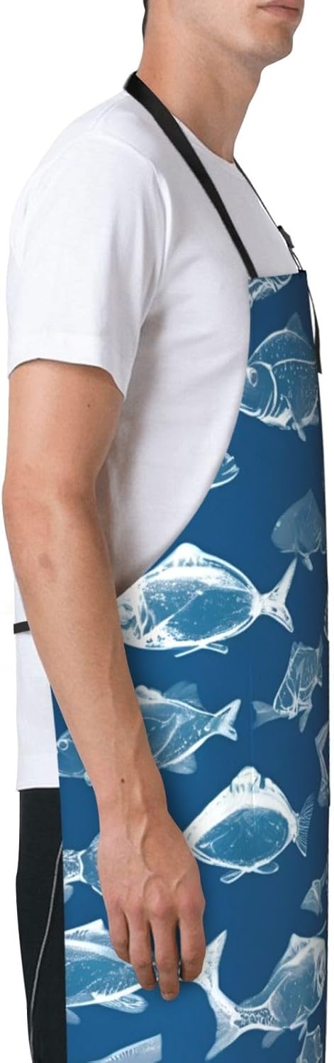YANYU Ocean Fishes Print 28x33 In Kitchen Apron Stylish Chef Apron with Pockets for Cooking Baking Painting