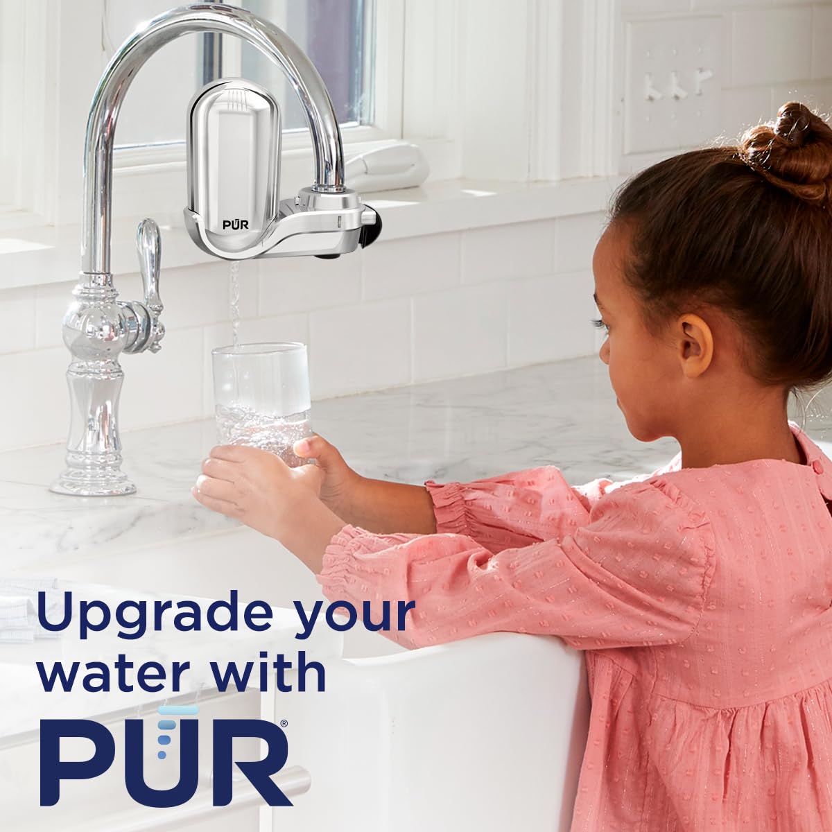 PUR PLUS Vertical Faucet Mount Water Filtration System, Lead-Reducing Filter, Great-Tasting Water, Easy Install, Lasts 100 Gallons, Compatible with Sinks with External Aerators, Chrome