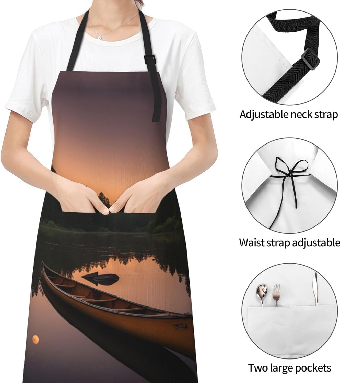 Moonlit Canoe Allagash River print Waterproof chef's apron with pocket apron for kitchen cooking baking barbecue and gardening