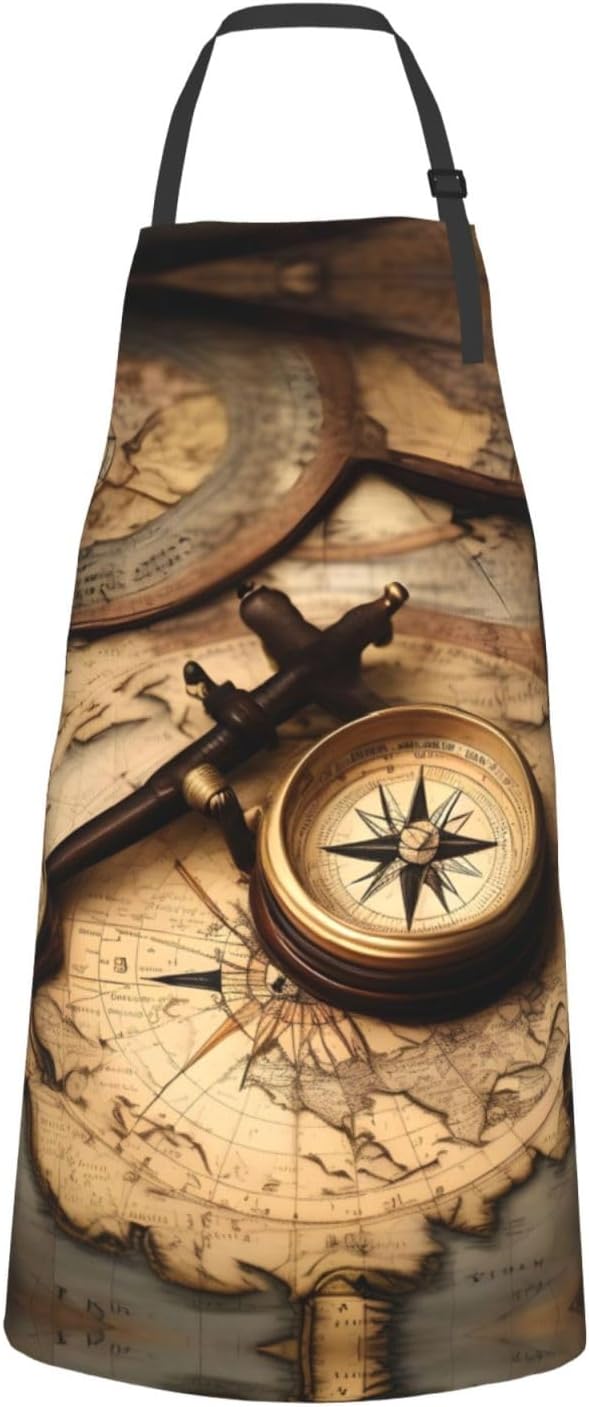 Compass and Old World Map Print Laundry apron 28x33 In Waterproof Kitchen Apron with Pockets for Cooking Baking