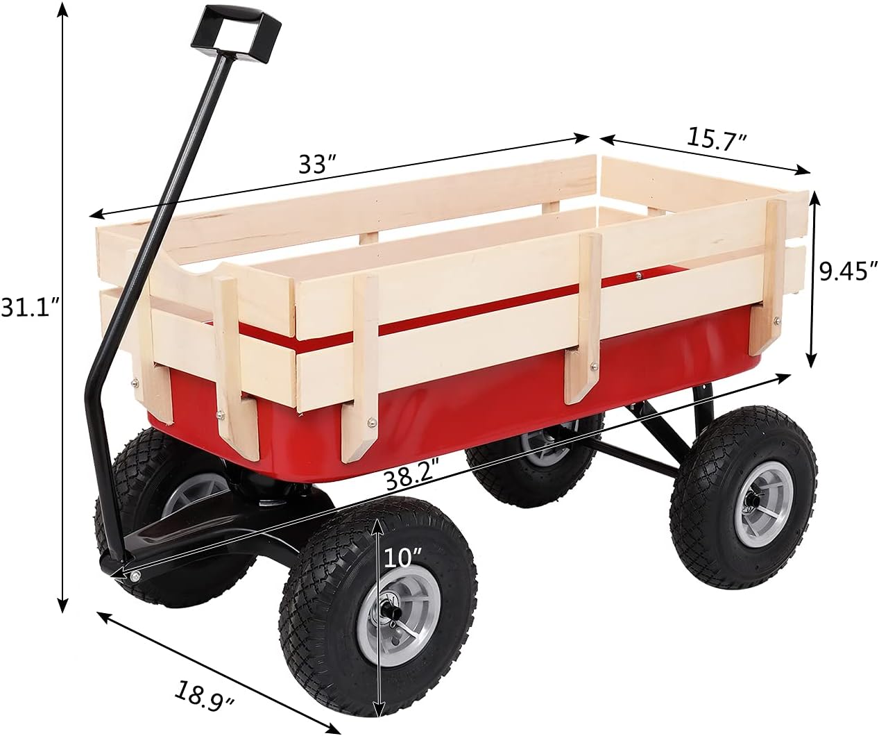 Upgraded Version Best All Terrain Cargo Wagon Wood Garden Cart with Big Wheels, Kids Outdoor Wagons, Air Tires, Easy Assembly, Red