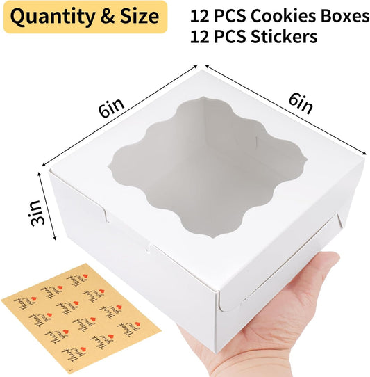 WINKIO 12 Pieces Cookie Boxes with Window, 6×6×3 Inches Treat Boxes for Bakery Dessert Pastry Mini Cake Favor Donut Baked Goods (White, with Stickers)