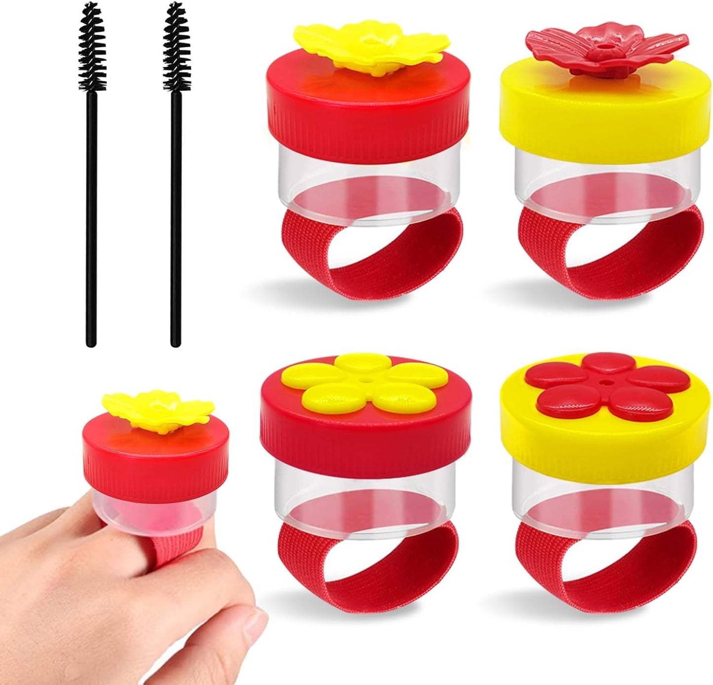 4 PCS Hummingbird Ring Feeder, Hand Hold Hummingbird Feeder with 2 Cleaning Brush and Stretchy Finger Ring Strap Mini Hand Feeding Tools for Outdoors (2 Red+2 Yellow)