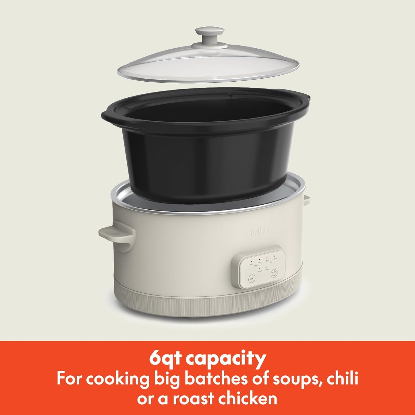 bella 6.0 Qt Programmable Slow Cooker, Ceramic Nonstick Coating, Adjustable Temperature & Cooking Times, Dishwasher Safe Stoneware Pot & Tempered Glass Lid, Tangle Free Cord Wrap, Oatmilk