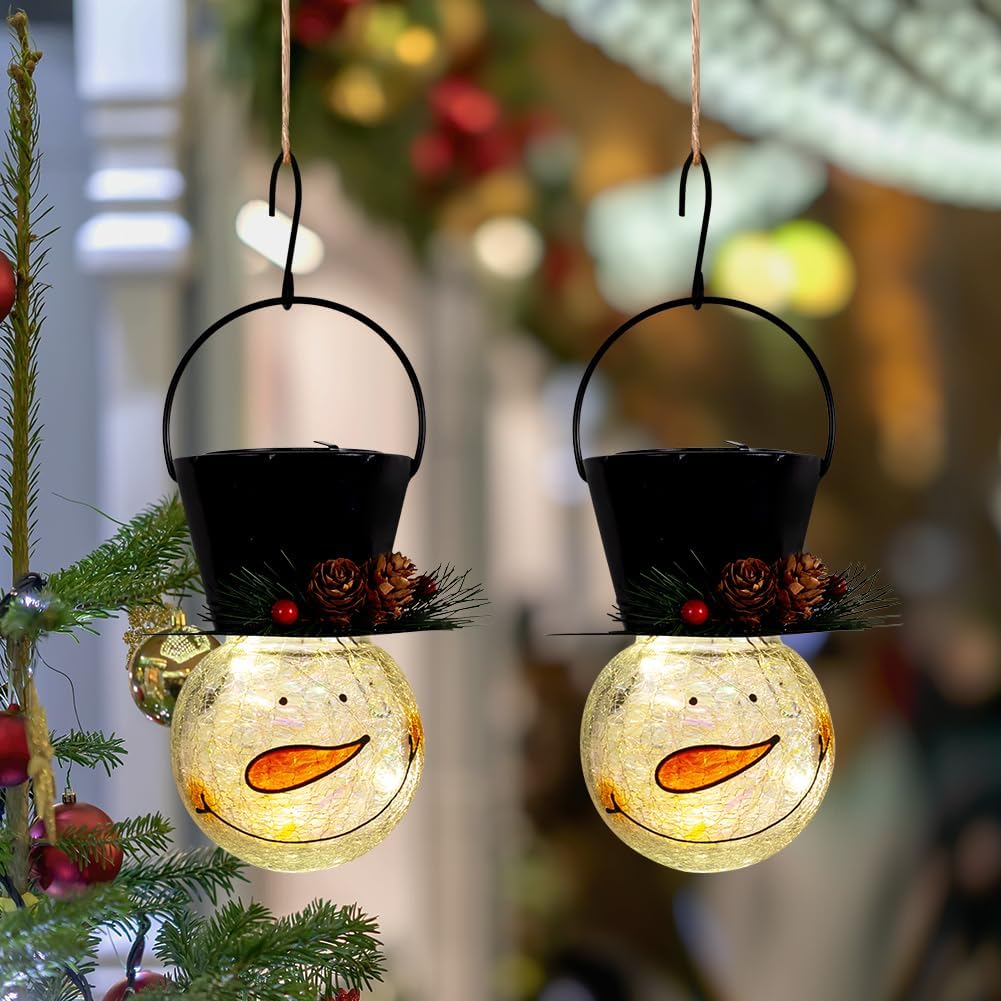 Viveta 2Pack Snowman Solar Lantern,Christmas Outdoor Hanging Lanterns, Waterproof Solar Lantern with Crackle Glass Ball for Garden Patio Yard Decor (Pinecone)