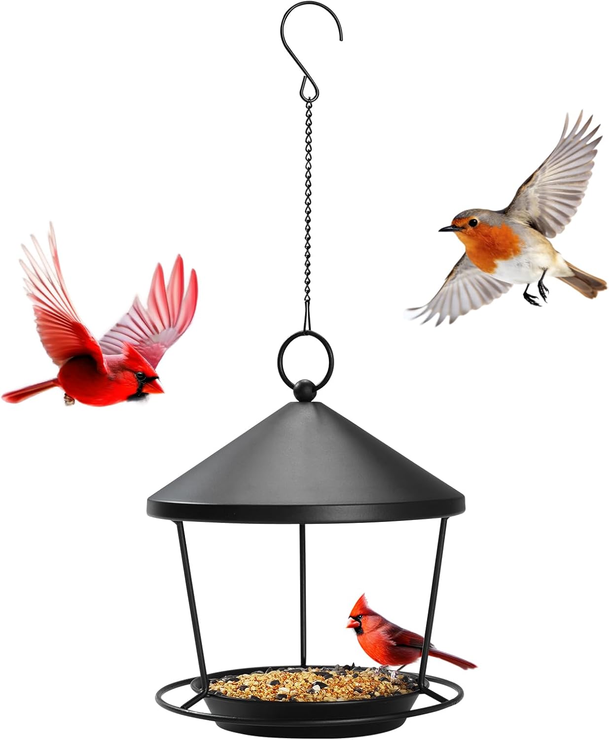 Bird Feeder for Outdoor Hanging，Hanging Bird Feeder with Roof，Elegant Garden Sculpture with Multi-Use Bird Bath and Feeder with Chain and Hook，Creative Decor for Patio, Balcony, Yard & Home