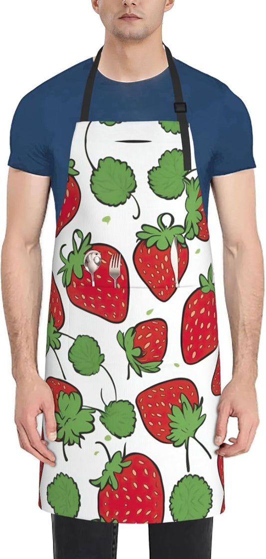 Strawberry pattern print Waterproof chef's apron with pocket apron for kitchen cooking baking barbecue and gardening