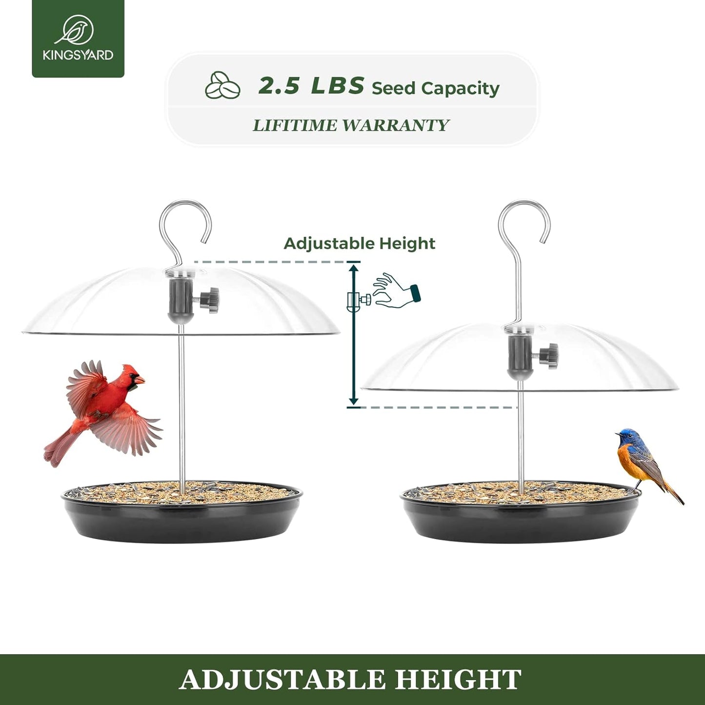 Kingsyard Adjustable Platform Bird Feeder for Outdoors, Hanging Metal Seed Tray with Clear Rain Proof Dome, Large Capacity for Wild Bluebird Cardinal Dove Mealworm, Black