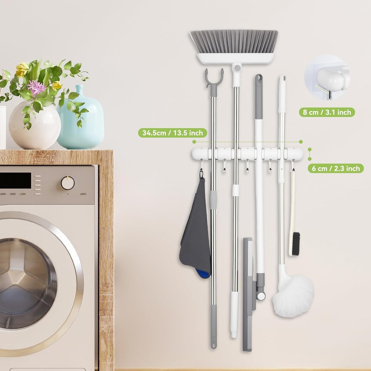OTraki Broom Holder Wall Mount, Heavy Duty Wood Mop and Broom Organizer with 5 Slots and 4 Hooks, Garden Tool Hanger for Laundry Room Closet Kitchen Garage Storage and Organization