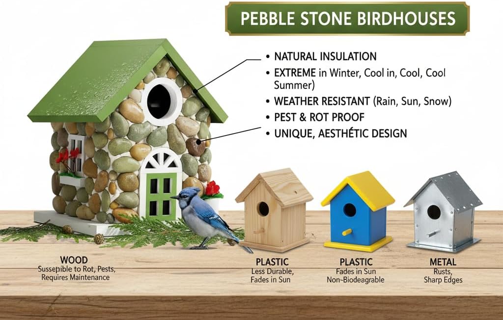 Masterpiece Bluebird House for Outside Clearance,Hanging Bird House for Outdoor, Stone Villa, River Pebbles Birdhouse for Outside, Garden Statue Solid Wood Longtime Lasting, Post Pole Mountable