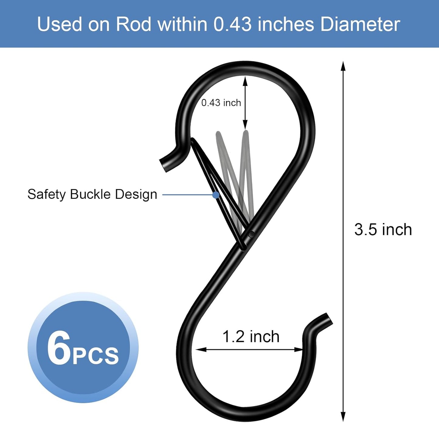 6 Pack S Hooks for Hanging, 3.5 inch Safety Buckle Design Heavy Duty Metal Black S Hooks for Hanging Plants, Pots, Pans, Cups, Clothes, Towels, Bags in Kitchen, Bathroom, Closet, Garden