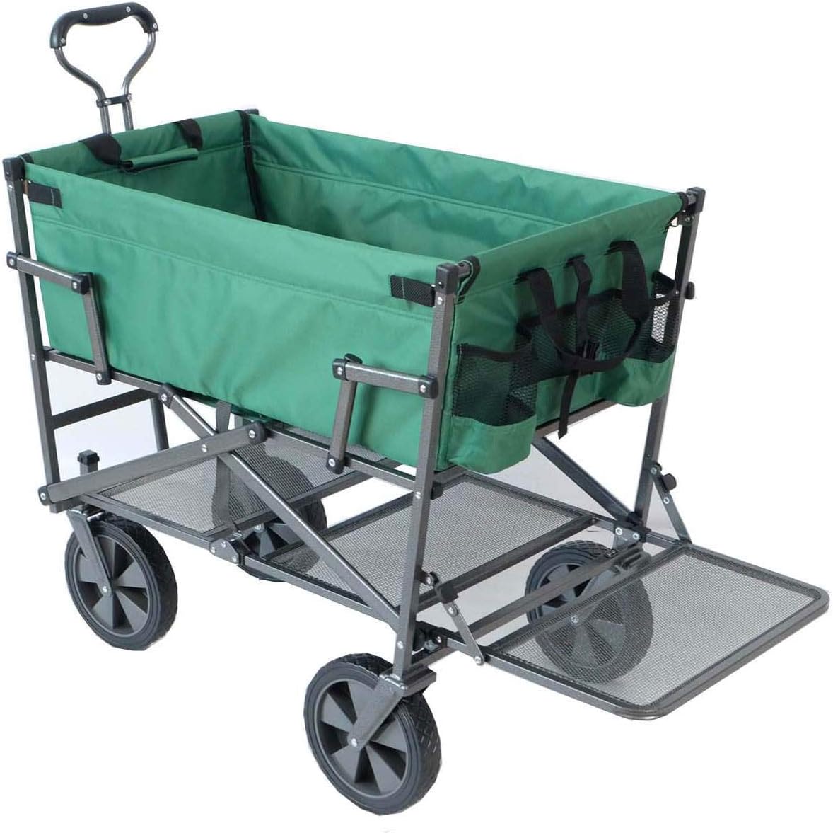 MacSports Double Decker Heavy Duty Steel Frame Collapsible Outdoor 150 Pound Capacity Yard Cart Utility Garden Wagon with Lower Storage Shelf, Green