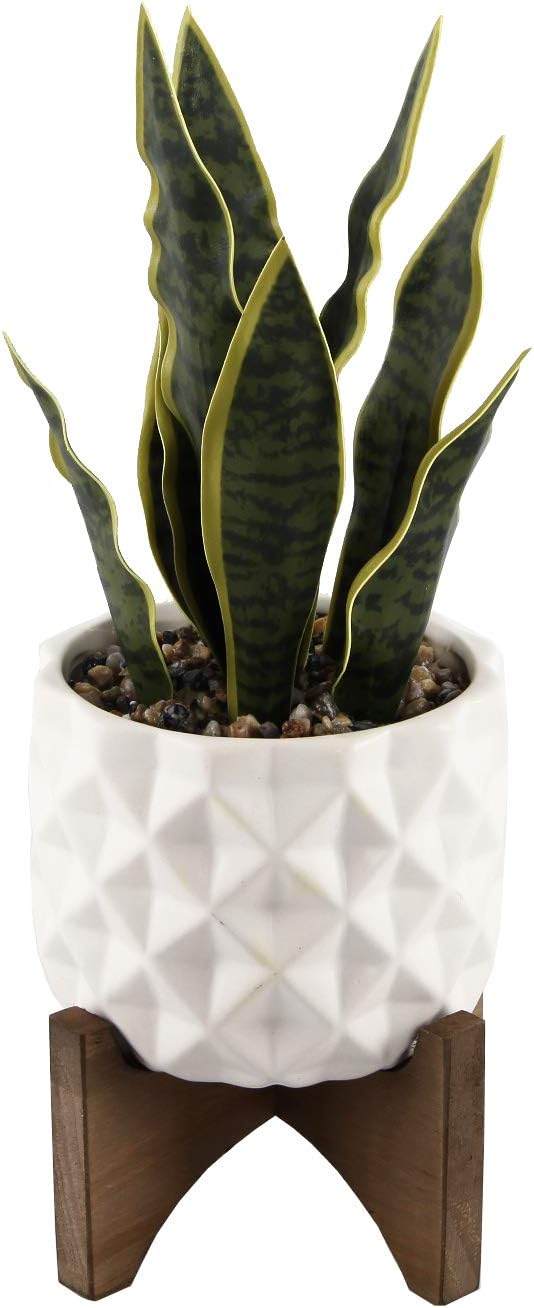 Flora Bunda Large 12" Realistic Looking Artificial Snake Plant in Dimple Ceramic Pot with Wooden Stand for Outdoor Indoor Home or Office Décor Artificial Plant, Fake Plant