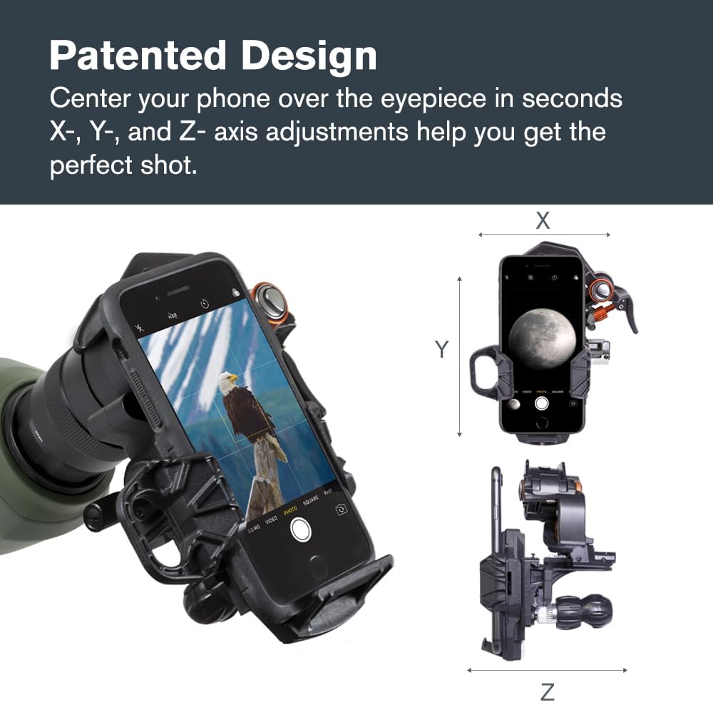 Celestron – NexYZ DX – Universal Smartphone Adapter for Telescope, Binoculars & Spotting Scopes – 3-Axis Precision Alignment – Capture Images & Video Through Your Optics – Includes Bluetooth Remote