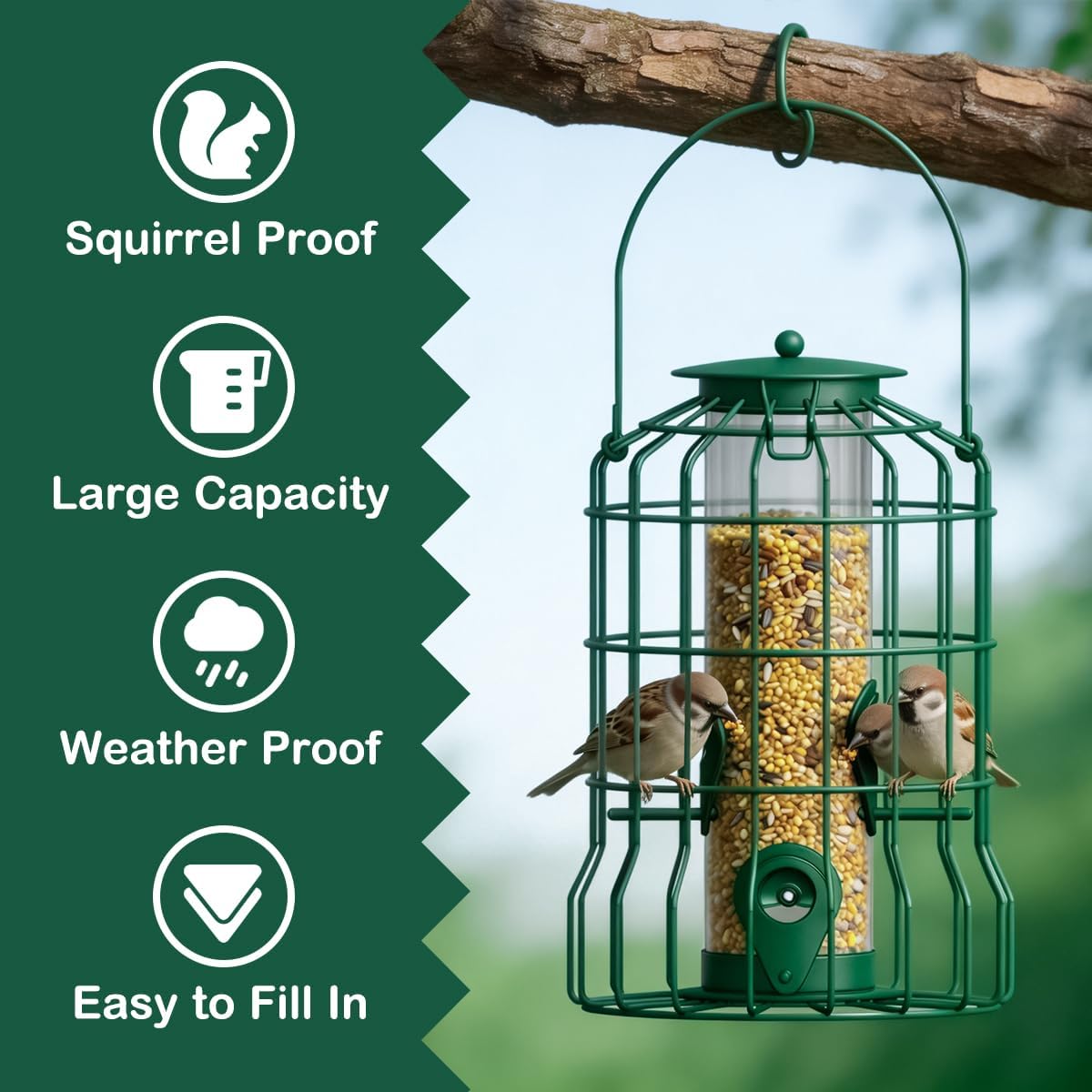 Squirrel Proof Bird Feeder Metal Caged Bird Feeder with Rain Proof Covered for Wildbirds Finches Bluebird, 4 Feeding Ports Wild Small Birds Rainproof Station for Garden Yard Seed Easy Clean