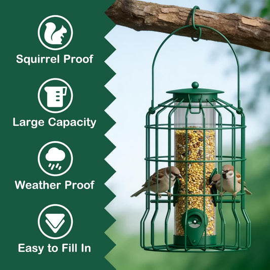 Squirrel Proof Bird Feeder Metal Caged Bird Feeder with Rain Proof Covered for Wildbirds Finches Bluebird, 4 Feeding Ports Wild Small Birds Rainproof Station for Garden Yard Seed Easy Clean