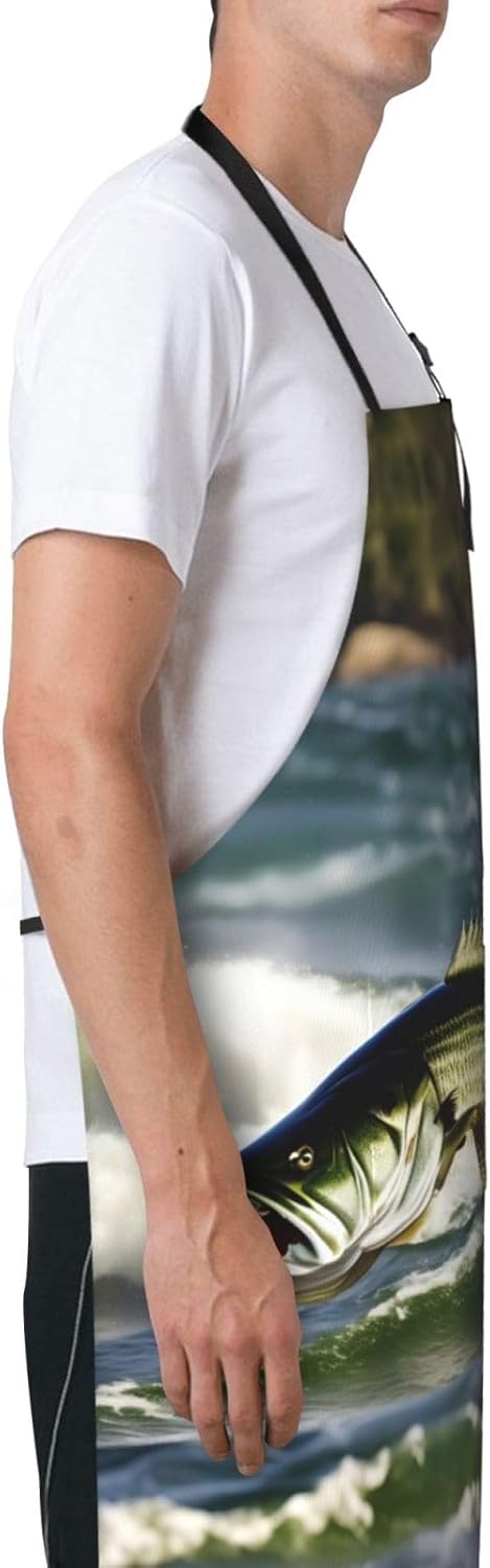 Bass Fishing Wave Print 28x33 In Adult Kitchen Apron with Pockets Versatile Chef Smock for Cooking Baking