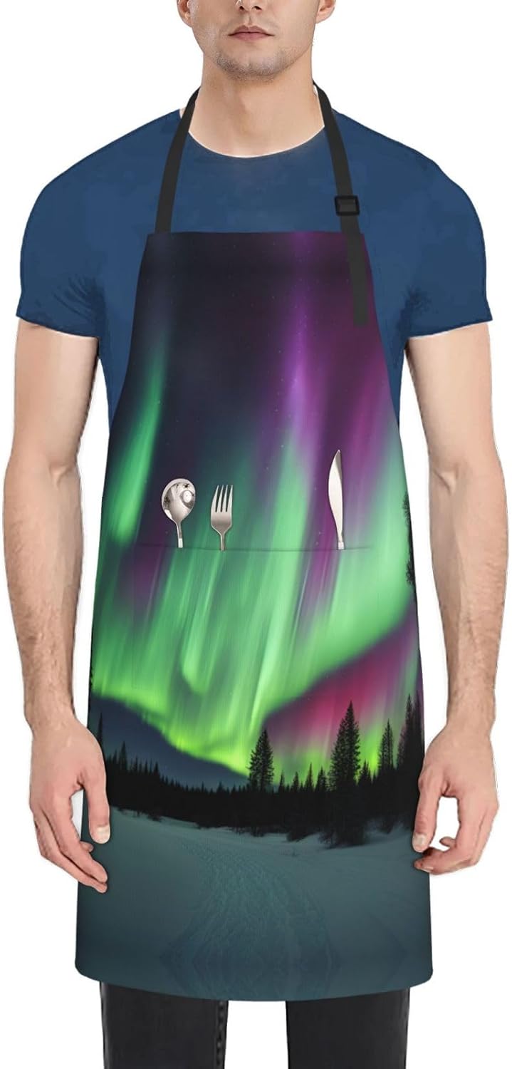 Northern Lights Painting print Waterproof chef's apron with pocket apron for kitchen cooking baking barbecue and gardening