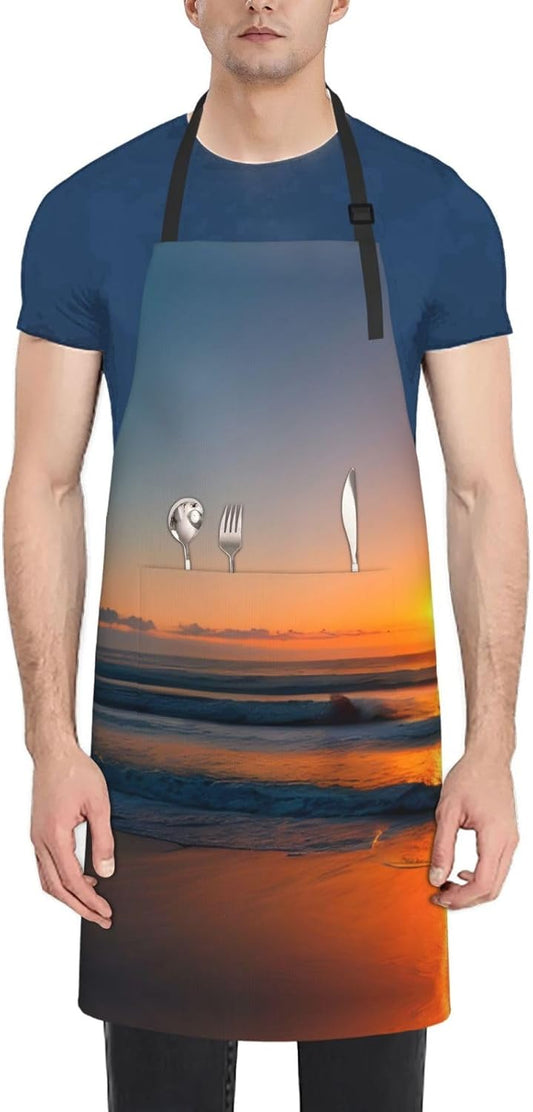 Beautiful Sunrise Ocean print Waterproof chef's apron with pocket apron for kitchen cooking baking barbecue and gardening