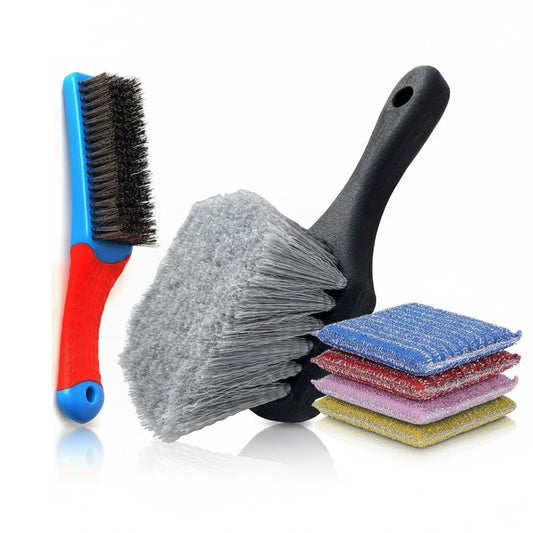1PCS Wire Brush + 1PCS Nylon Brush + 4PCS Scrub Sponge Set, Heavy Duty Rust Remover and Cleaning Kit for Grill Grates, Tires, Bird Baths, Kitchen & Home, Non-Scratch Sponges for Dishes & Appliances